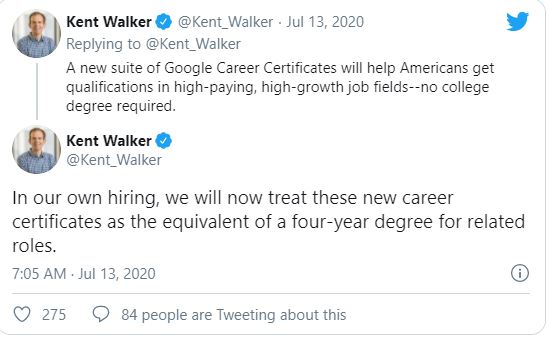 Kent Walker's tweet on Google career certificate Services Ground