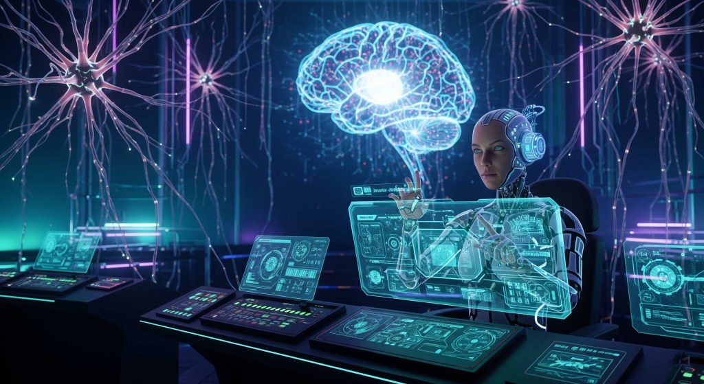 Futuristic AI control center visualizing Agentic AI planning and decision-making. 