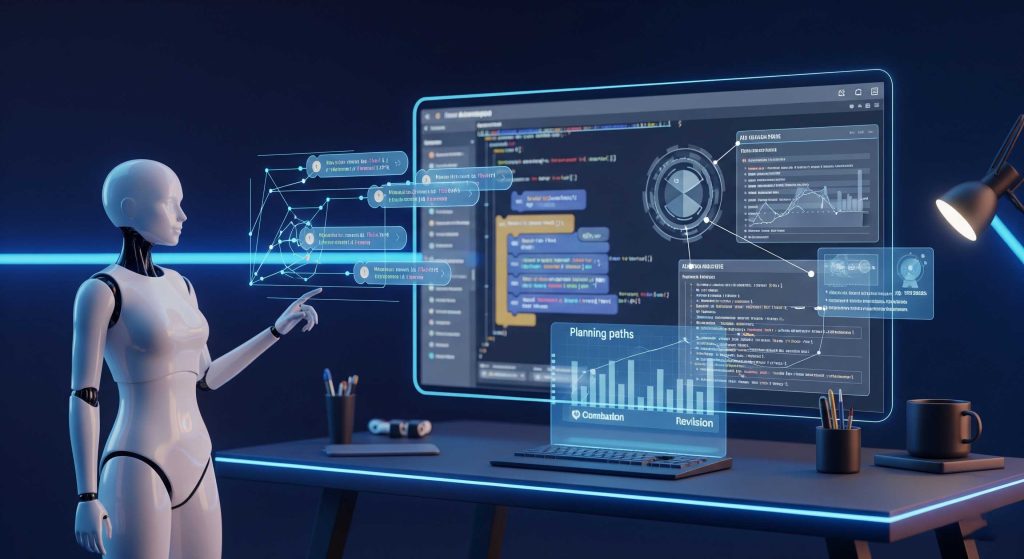 AI assistant in futuristic workspace generating and refining code autonomously. 