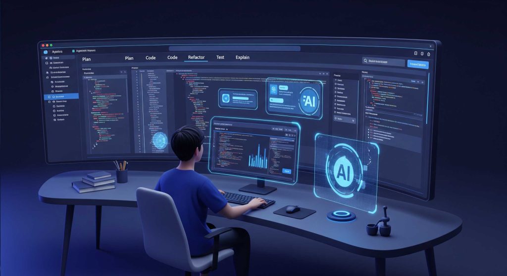 Agentic AI improving developer productivity by managing tasks like code generation, refactoring, and test creation inside an IDE.