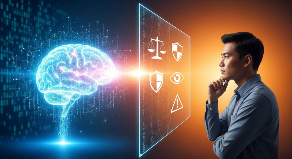 A developer evaluating the ethical boundaries of Agentic AI use, visualized with contrasting themes of innovation and responsibility.